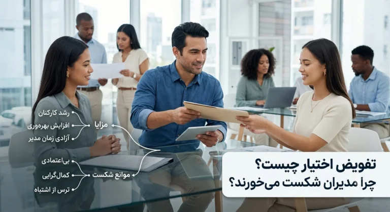 کارمندان در حال تفویض اختیار و واگذاری کارها در یک جلسه کاری پویا